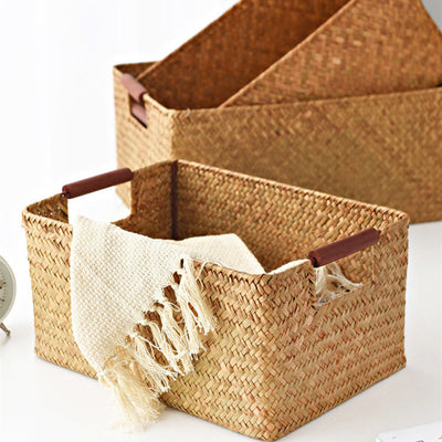 Seagrass Woven Solid Wood Storage Basket