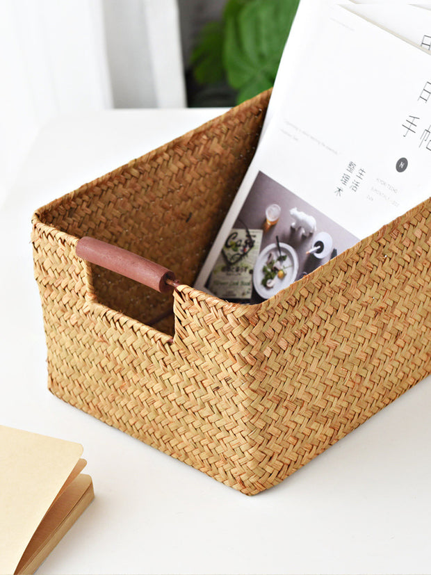 Seagrass Woven Solid Wood Storage Basket